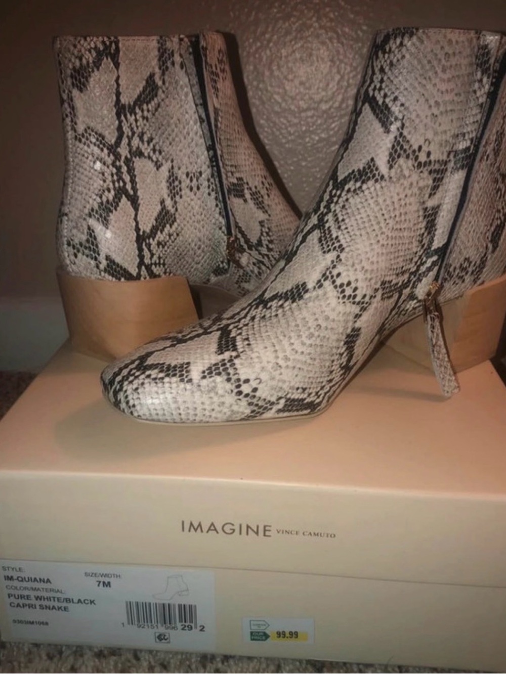 Vince Camuto White and Black Snake-Print Ankle Booties